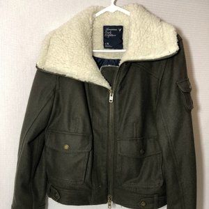 Women's American Eagle Green Wool Coat w/ Fake Fur and Liner